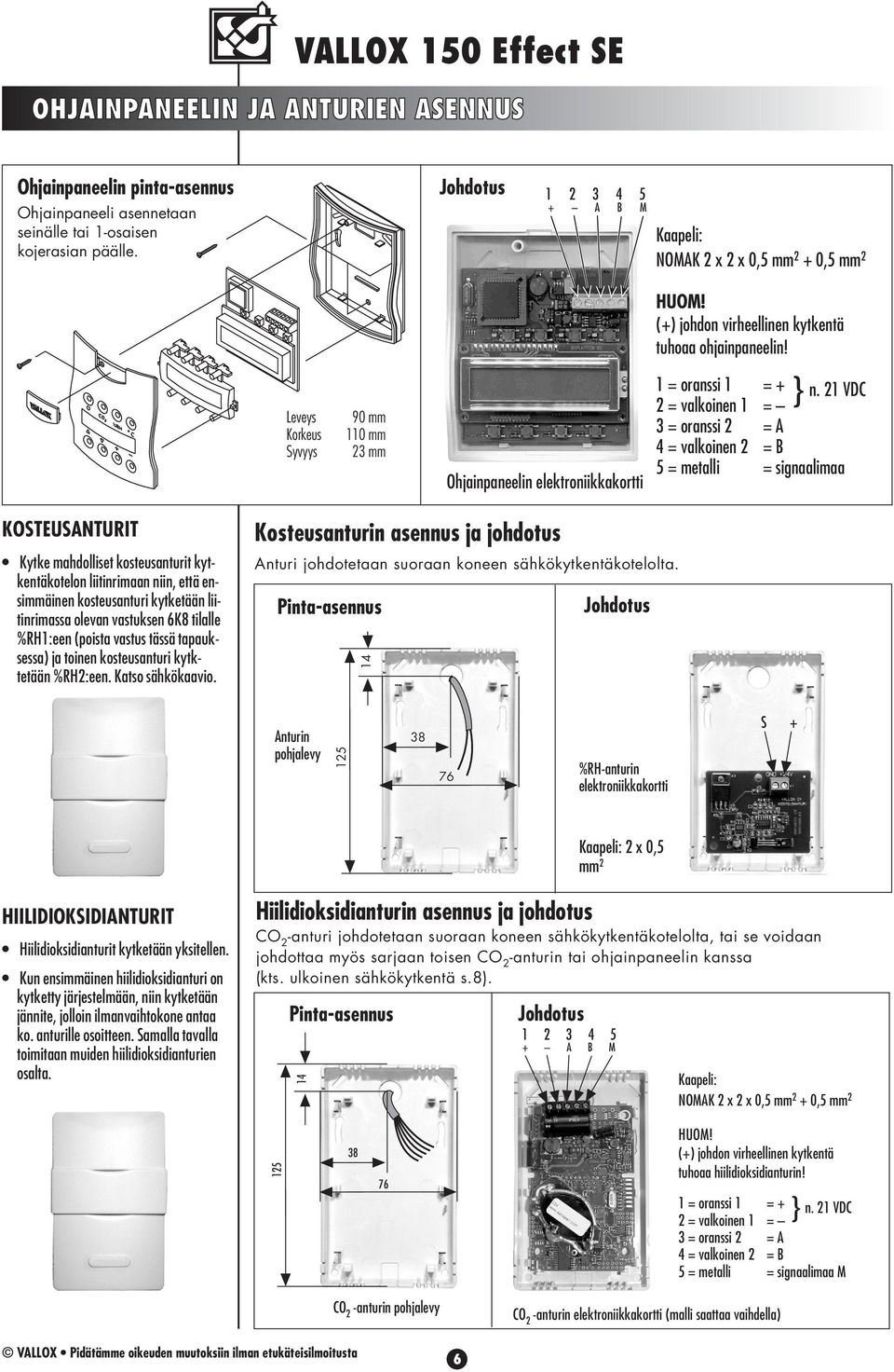 1 VDC 3 = oranssi = A 4 = valkoinen = B 5 = metalli = signaalimaa KOSEUSANUI Kytke mahdolliset kosteusanturit kytkentäkotelon liitinrimaan niin, että ensimmäinen kosteusanturi kytketään liitinrimassa