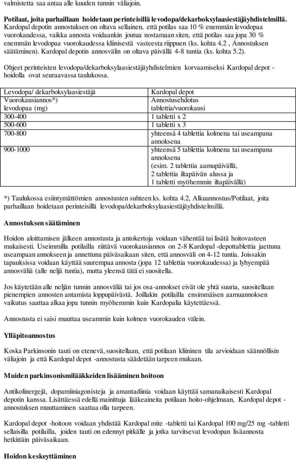 vuorokaudessa kliinisestä vasteesta riippuen (ks. kohta 4.2, Annostuksen säätäminen). Kardopal depotin annosvälin on oltava päivällä 4-8 tuntia (ks. kohta 5.2).