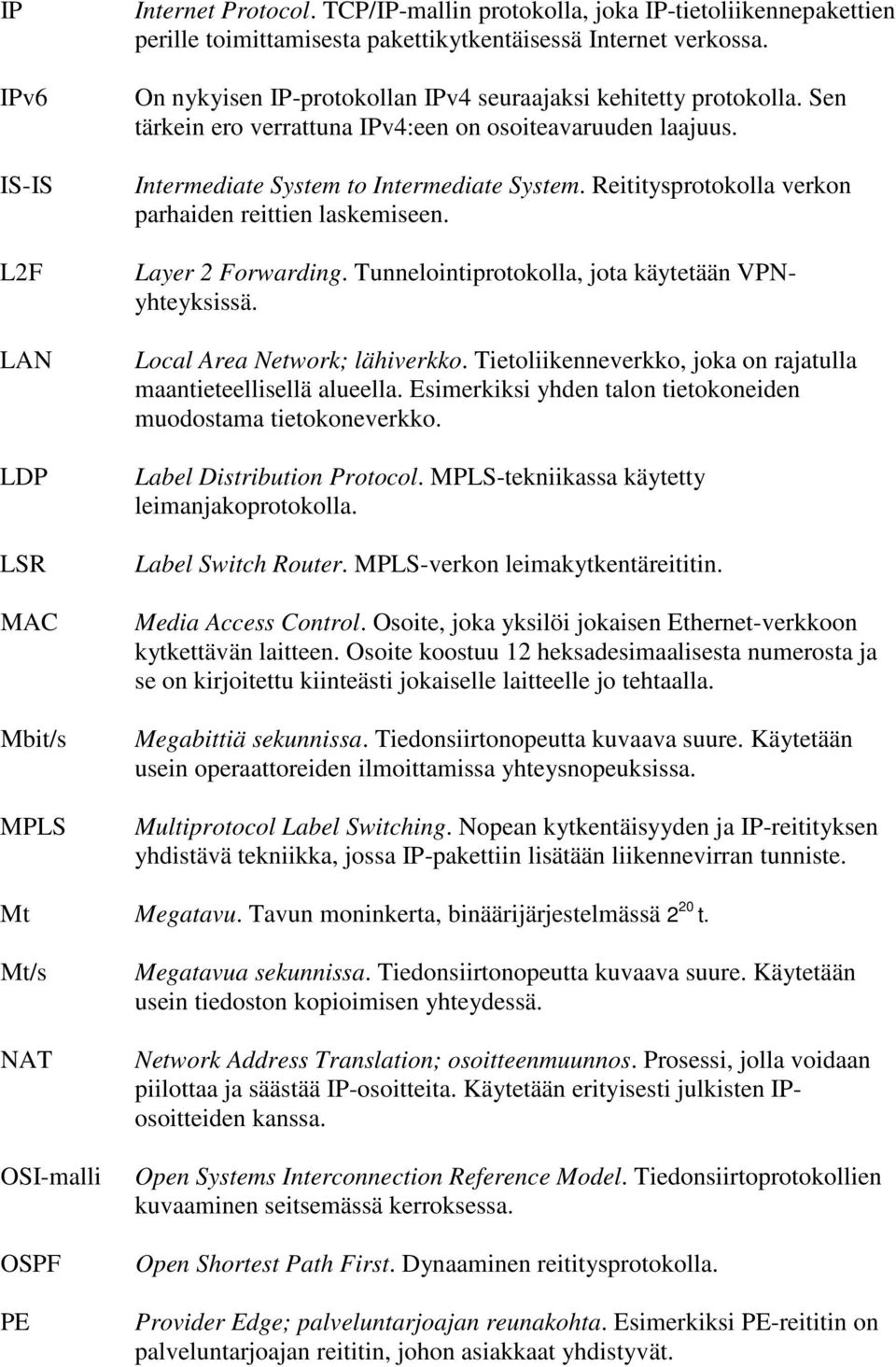 Reititysprotokolla verkon parhaiden reittien laskemiseen. Layer 2 Forwarding. Tunnelointiprotokolla, jota käytetään VPNyhteyksissä. Local Area Network; lähiverkko.