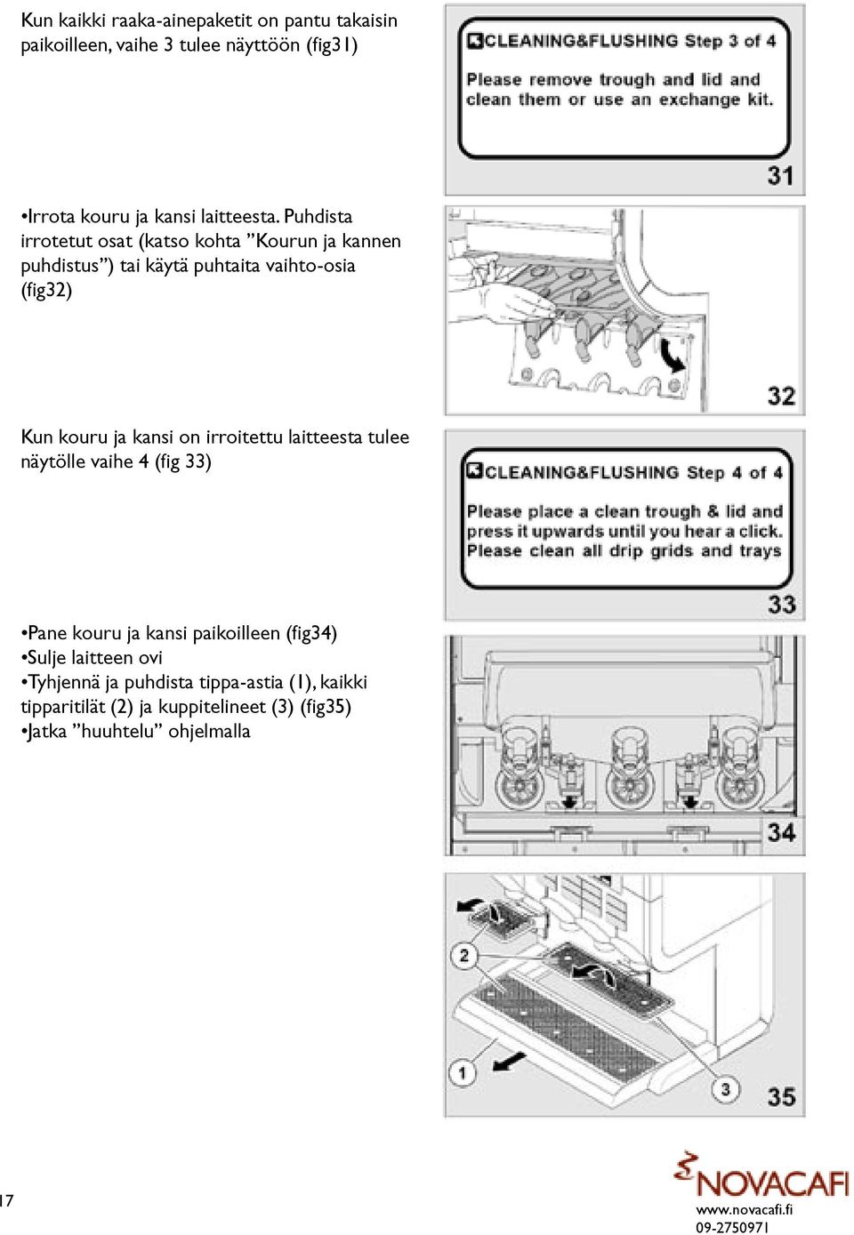 Puhdista irrotetut osat (katso kohta Kourun ja kannen puhdistus ) tai käytä puhtaita vaihto-osia (fig32) Kun kouru ja