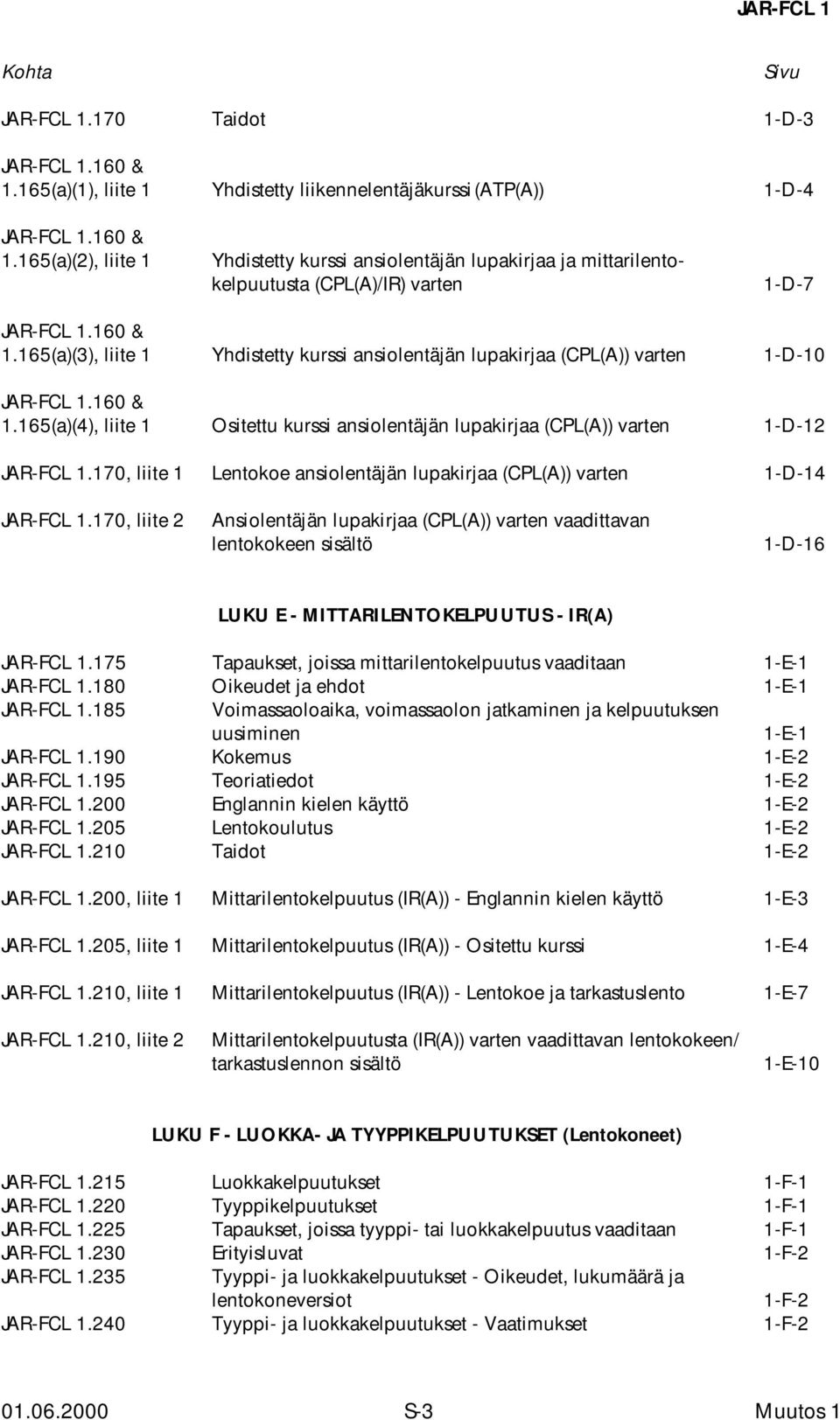 170, liite 1 Lentokoe ansiolentäjän lupakirjaa (CPL(A)) varten 1-D-14 JAR-FCL 1.