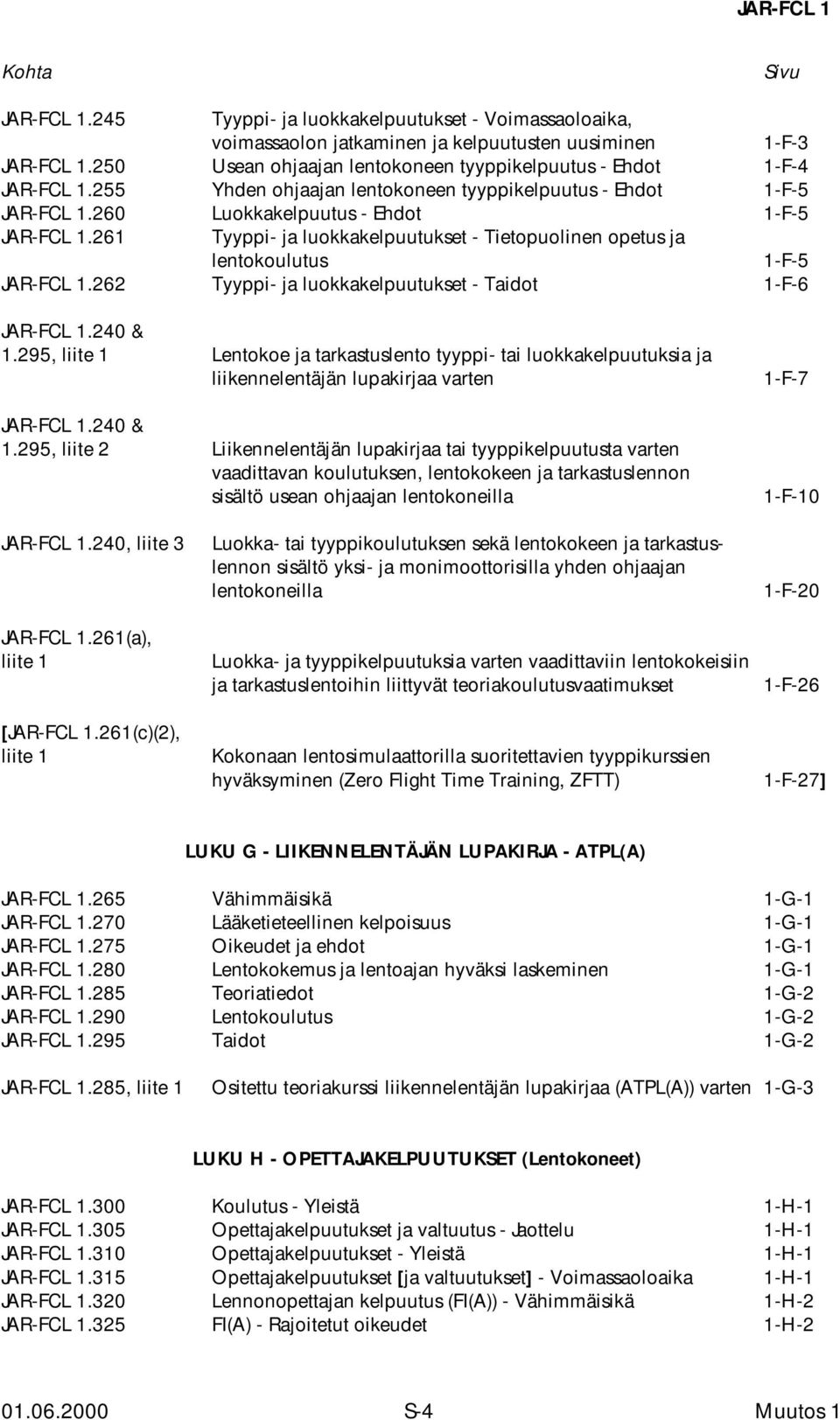 261 Tyyppi- ja luokkakelpuutukset - Tietopuolinen opetus ja lentokoulutus 1-F-5 JAR-FCL 1.262 Tyyppi- ja luokkakelpuutukset - Taidot 1-F-6 JAR-FCL 1.240 & 1.