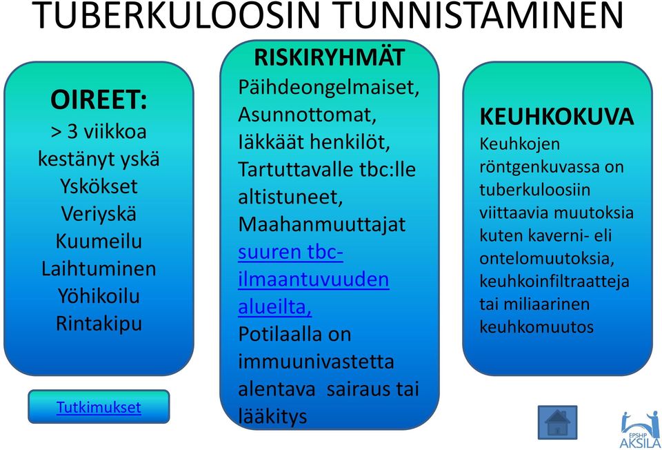 suuren tbcilmaantuvuuden alueilta, Potilaalla on immuunivastetta alentava sairaus tai lääkitys KEUHKOKUVA Keuhkojen