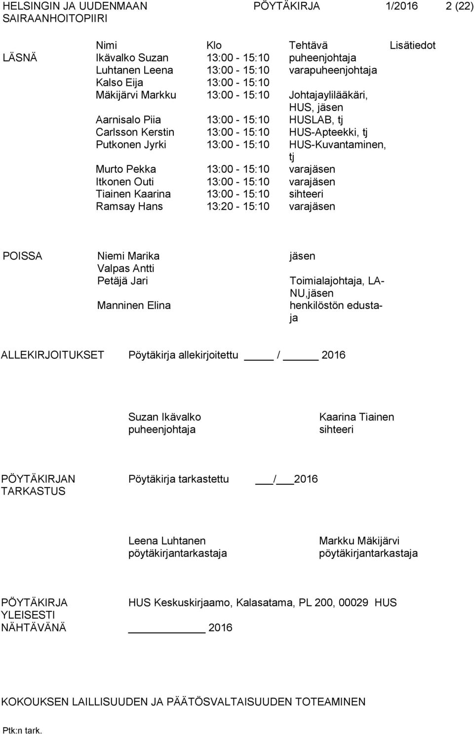 Pekka 13:00-15:10 varajäsen Itkonen Outi 13:00-15:10 varajäsen Tiainen Kaarina 13:00-15:10 sihteeri Ramsay Hans 13:20-15:10 varajäsen POISSA Niemi Marika jäsen Valpas Antti Petäjä Jari