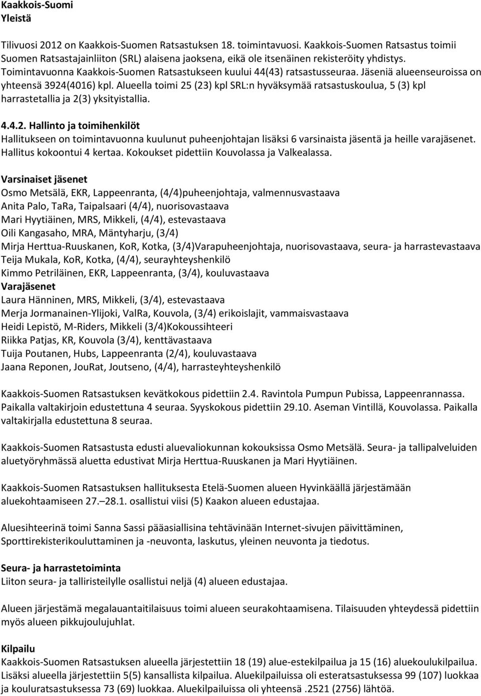 Toimintavuonna Kaakkois-Suomen Ratsastukseen kuului 44(43) ratsastusseuraa. Jäseniä alueenseuroissa on yhteensä 3924(4016) kpl.