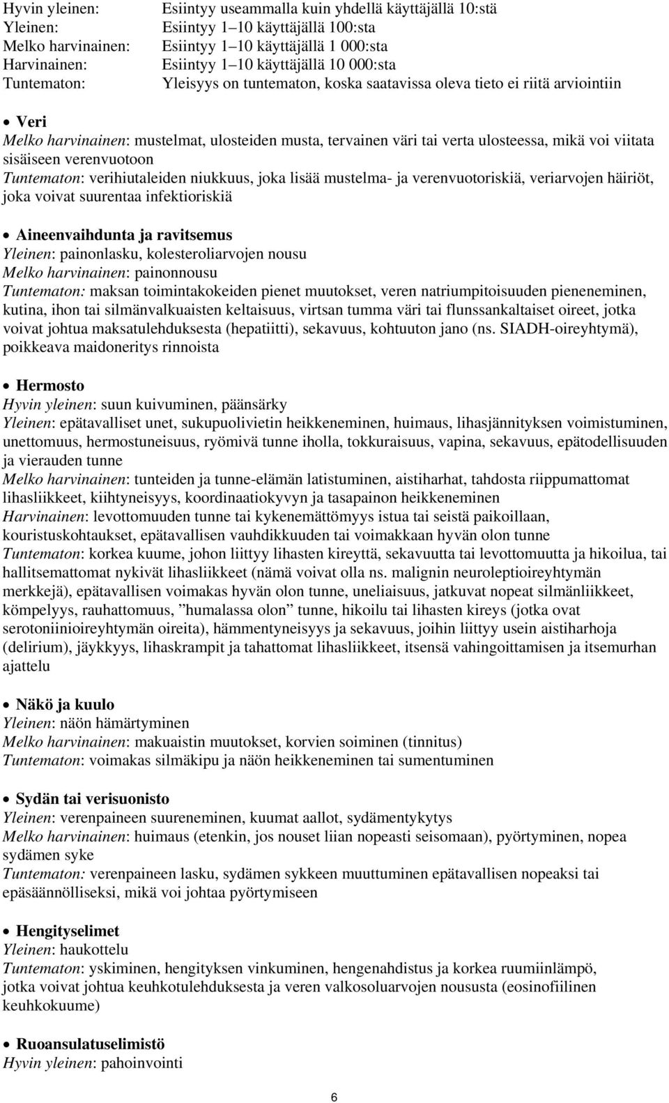 voi viitata sisäiseen verenvuotoon Tuntematon: verihiutaleiden niukkuus, joka lisää mustelma- ja verenvuotoriskiä, veriarvojen häiriöt, joka voivat suurentaa infektioriskiä Aineenvaihdunta ja