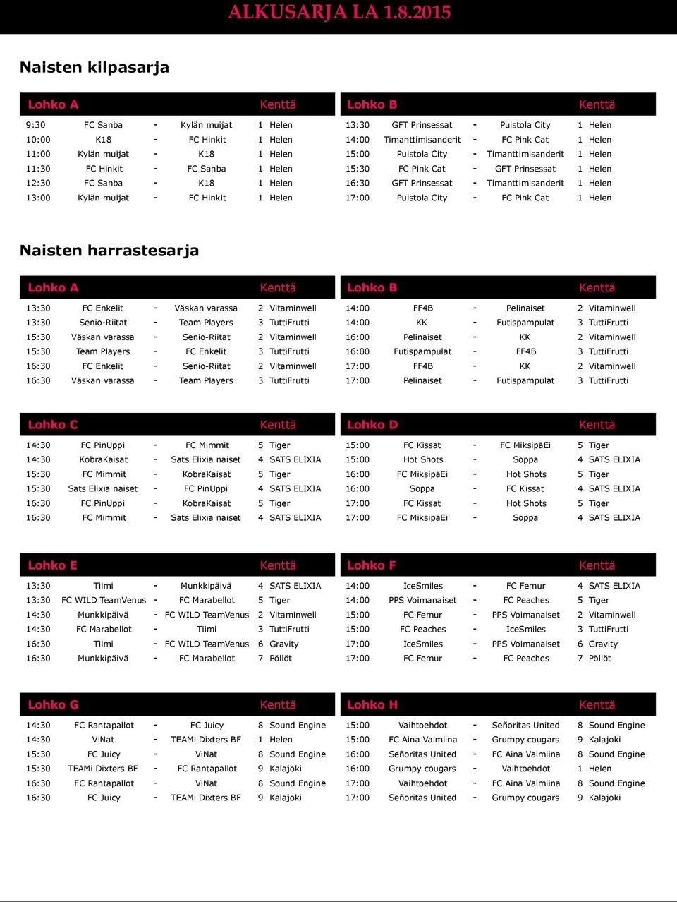 11:00 Kylän muijat - K18 1 Helen 15:00 Puistola City - Timanttimisanderit 1 Helen 11:30 FC Hinkit - FC Sanba 1 Helen 15:30 FC Pink Cat - GFT Prinsessat 1 Helen 12:30 FC Sanba - K18 1 Helen 16:30 GFT