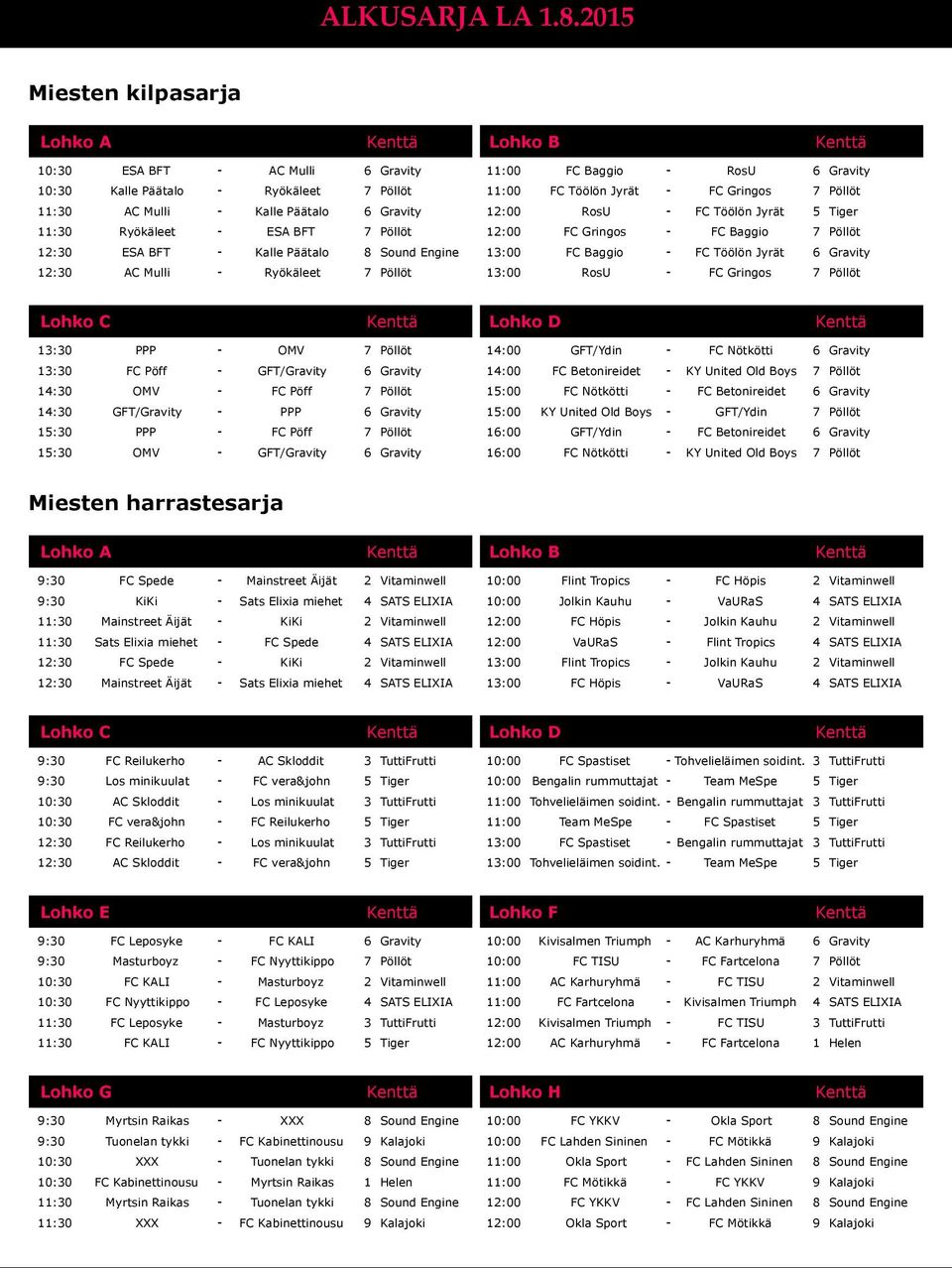 AC Mulli - Kalle Päätalo 6 Gravity 12:00 RosU - FC Töölön Jyrät 5 Tiger 11:30 Ryökäleet - ESA BFT 7 Pöllöt 12:00 FC Gringos - FC Baggio 7 Pöllöt 12:30 ESA BFT - Kalle Päätalo 8 Sound Engine 13:00 FC