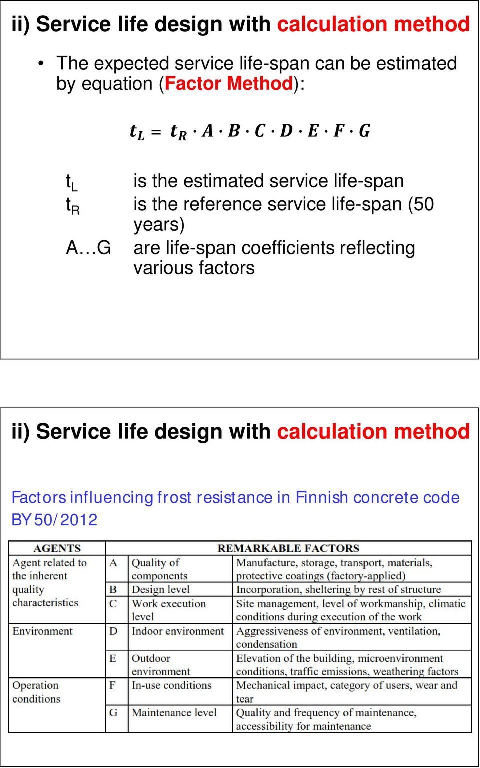 life-span (50 years) A G are life-span coefficients reflecting various factors ii) Service life