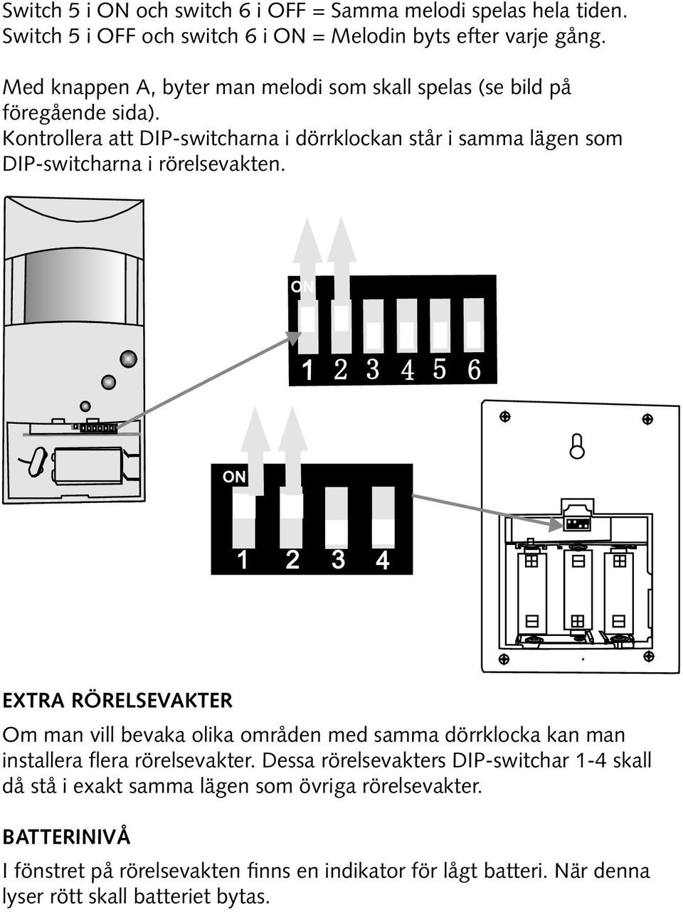 Kontrollera att DIP-switcharna i dörrklockan står i samma lägen som DIP-switcharna i rörelsevakten.