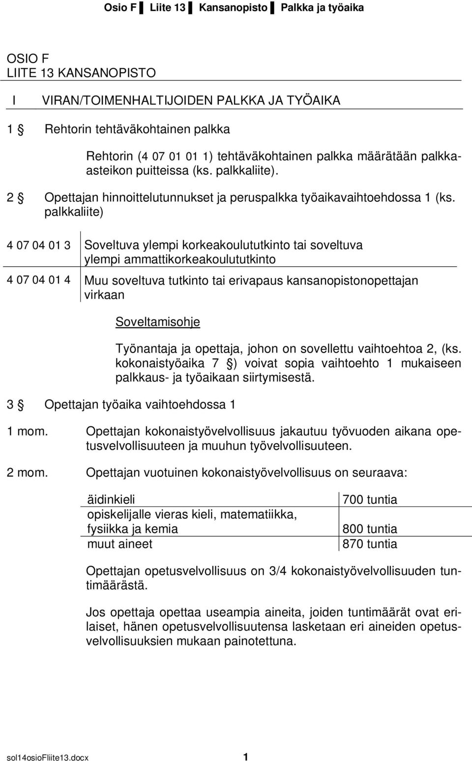 palkkaliite) 4 07 04 01 3 Soveltuva ylempi korkeakoulututkinto tai soveltuva ylempi ammattikorkeakoulututkinto 4 07 04 01 4 Muu soveltuva tutkinto tai erivapaus kansanopistonopettajan virkaan