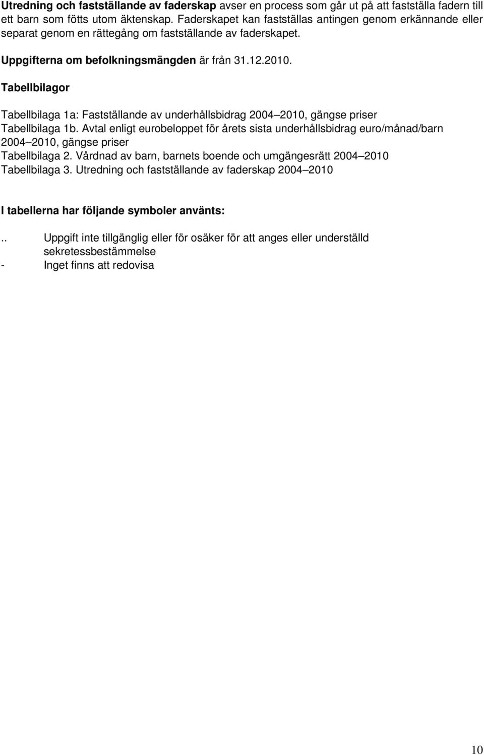 Tabellbilagor Tabellbilaga 1a: Fastställande av underhållsbidrag 2004 2010, gängse priser Tabellbilaga 1b.