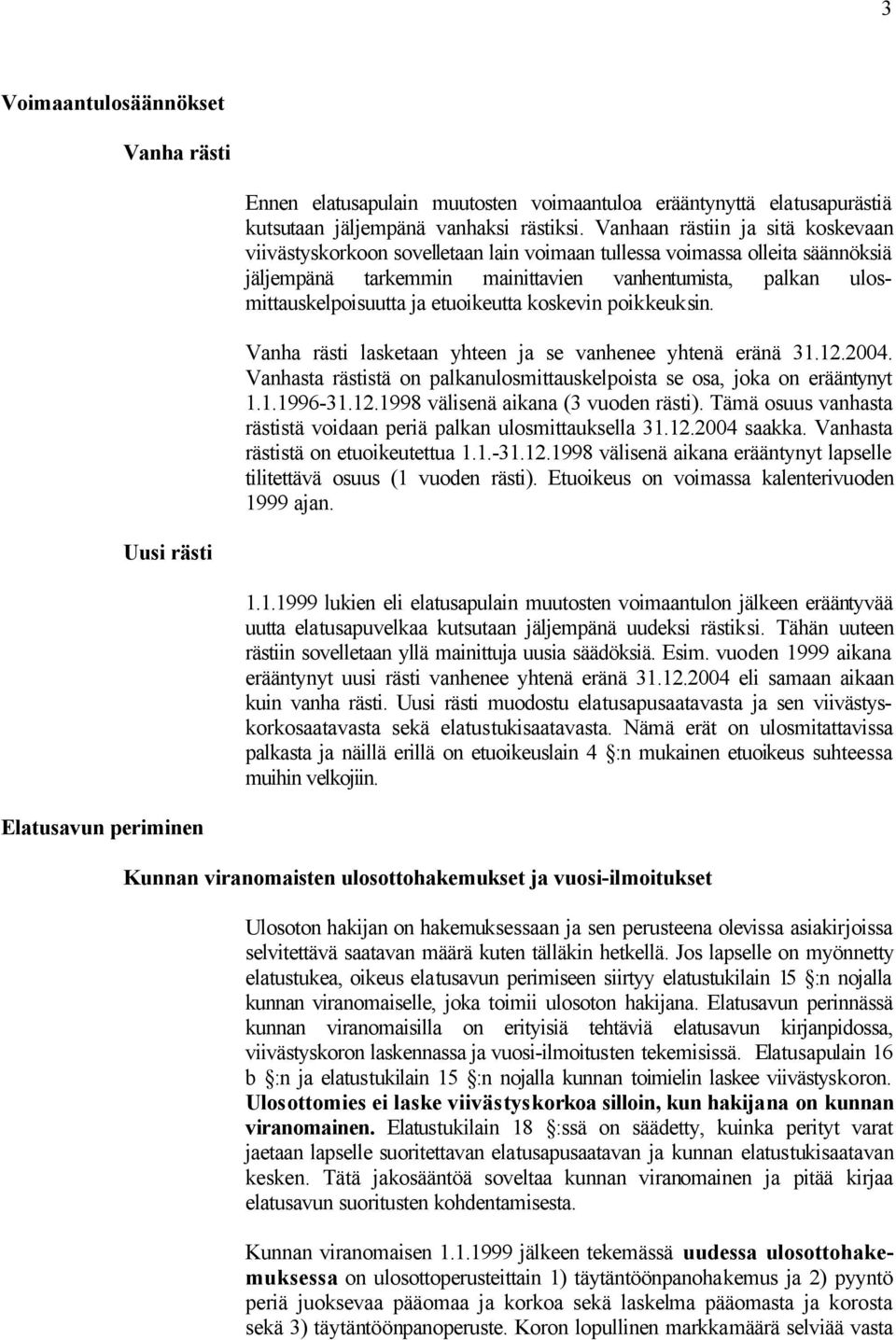 etuoikeutta koskevin poikkeuksin. Vanha rästi lasketaan yhteen ja se vanhenee yhtenä eränä 31.12.2004. Vanhasta rästistä on palkanulosmittauskelpoista se osa, joka on erääntynyt 1.1.1996-31.12.1998 välisenä aikana (3 vuoden rästi).