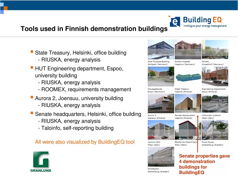 Joensuu, university building - RIUSKA, energy analysis Senate headquarters, Helsinki, office building - RIUSKA, energy analysis