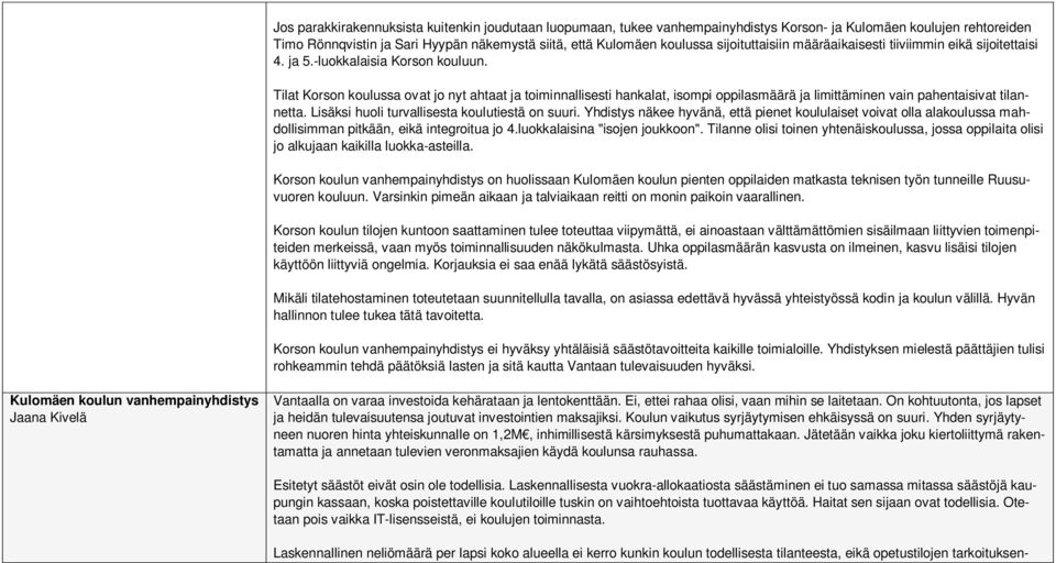 Tilat Korson koulussa ovat jo nyt ahtaat ja toiminnallisesti hankalat, isompi oppilasmäärä ja limittäminen vain pahentaisivat tilannetta. Lisäksi huoli turvallisesta koulutiestä on suuri.