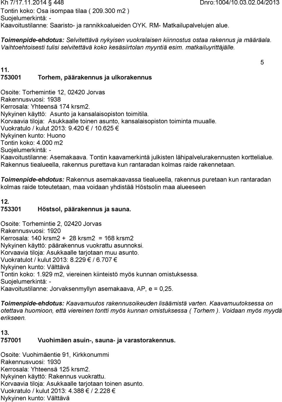 753001 Torhem, päärakennus ja ulkorakennus 5 Osoite: Torhemintie 12, 02420 Jorvas Rakennusvuosi: 1938 Kerrosala: Yhteensä 174 krsm2. Nykyinen käyttö: Asunto ja kansalaisopiston toimitila.