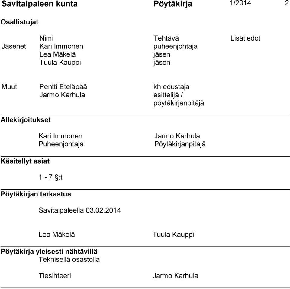 Allekirjoitukset Kari Immonen Puheenjohtaja Jarmo Karhula Pöytäkirjanpitäjä Käsitellyt asiat 1-7 :t Pöytäkirjan