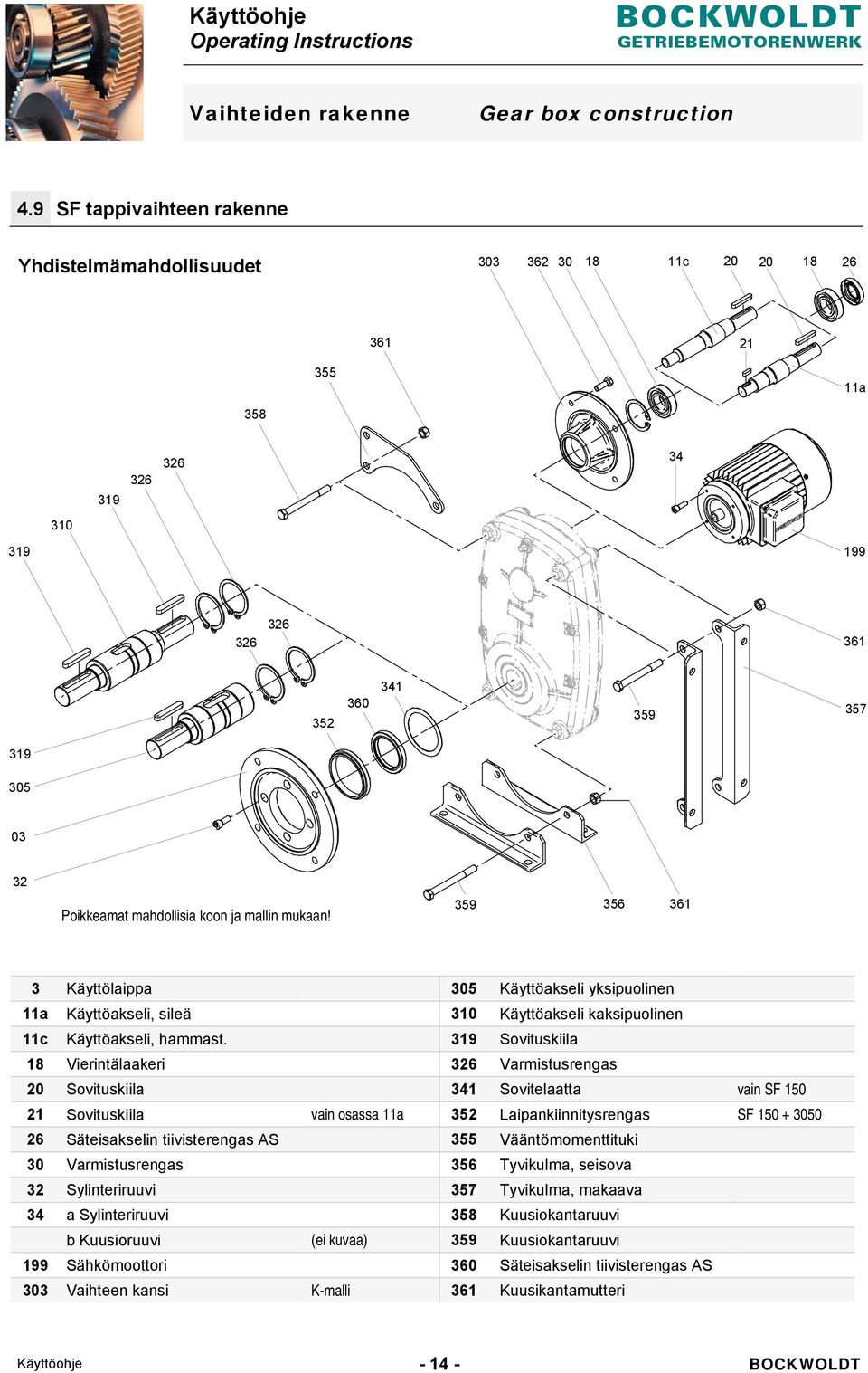 koon ja mallin mukaan! 359 356 361 3 Käyttölaippa 305 Käyttöakseli yksipuolinen 11a Käyttöakseli, sileä 310 Käyttöakseli kaksipuolinen 11c Käyttöakseli, hammast.