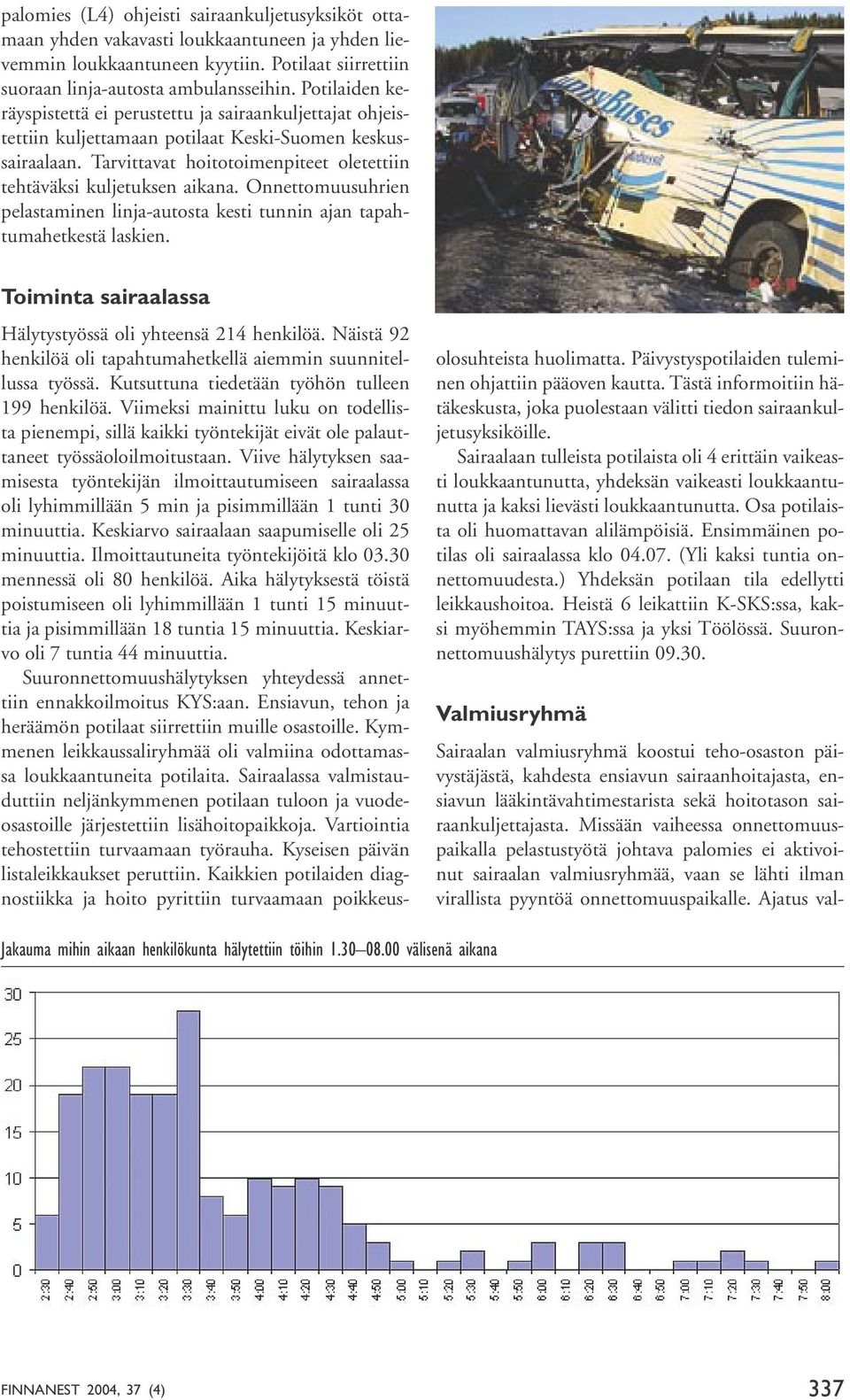 Onnettomuusuhrien pelastaminen linja-autosta kesti tunnin ajan tapahtumahetkestä laskien. Toiminta sairaalassa Hälytystyössä oli yhteensä 214 henkilöä.