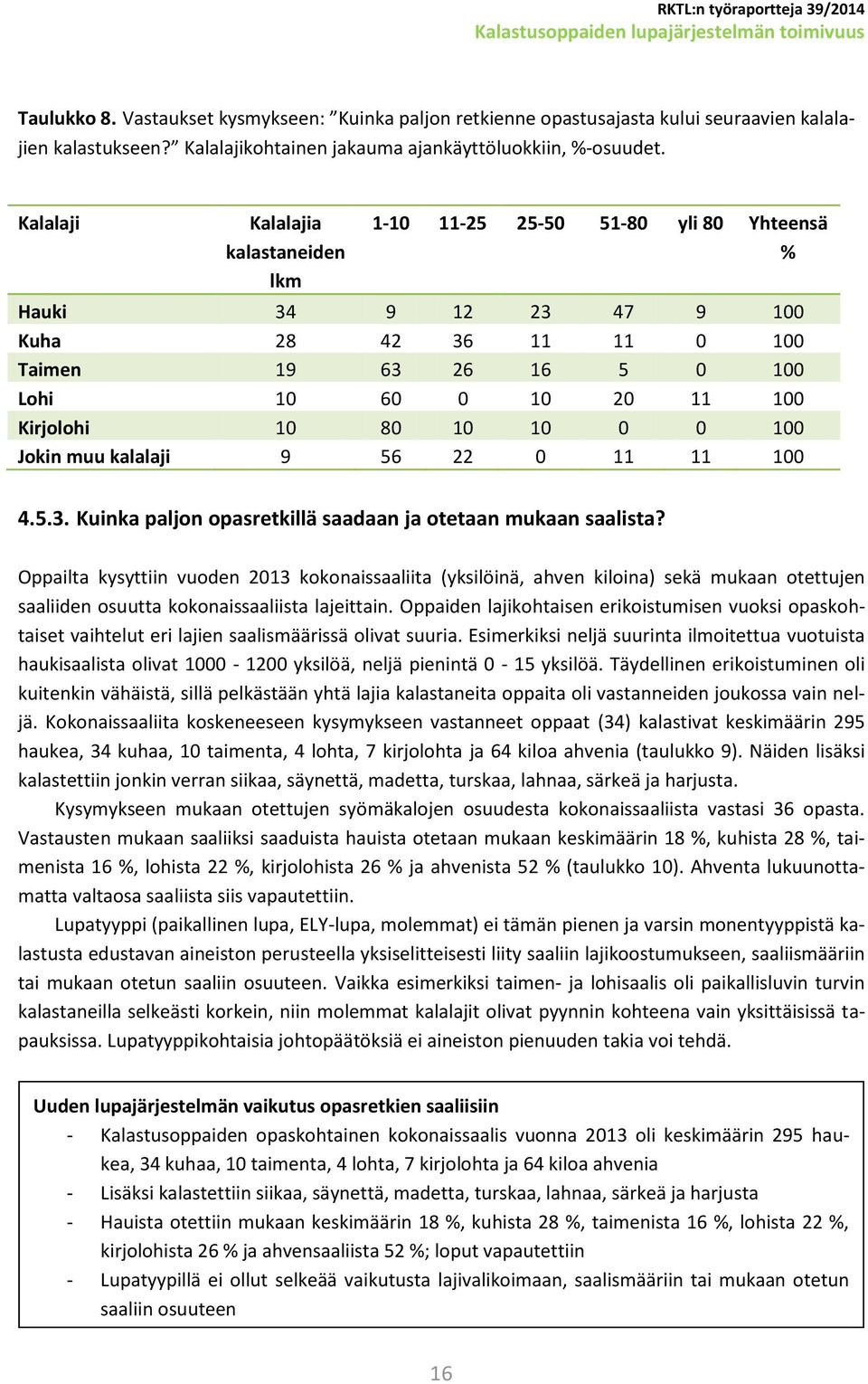 10 10 0 0 100 Jokin muu kalalaji 9 56 22 0 11 11 100 4.5.3. Kuinka paljon opasretkillä saadaan ja otetaan mukaan saalista?