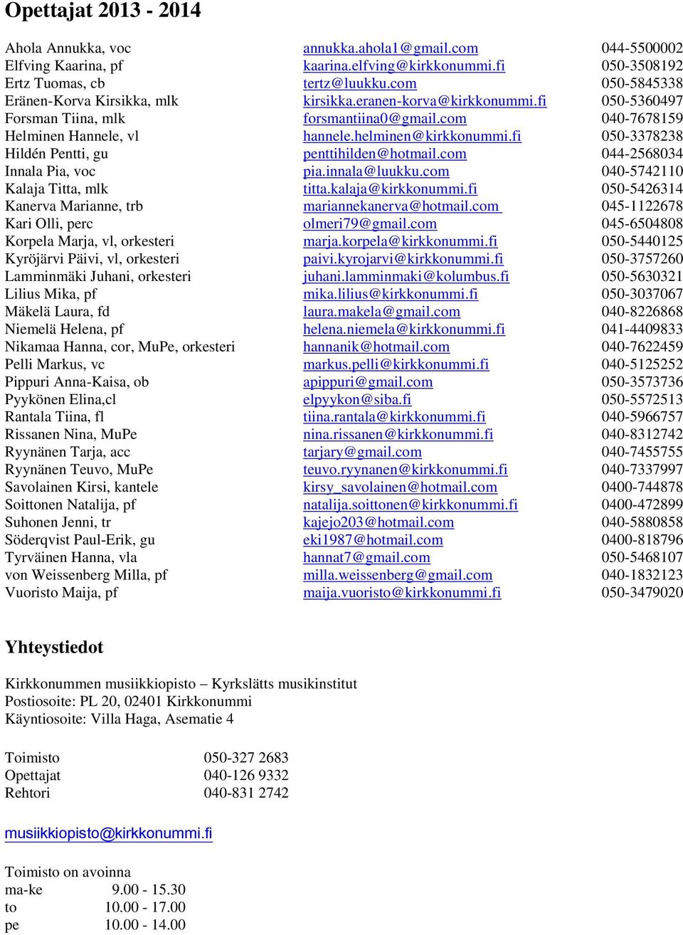 fi 050-3378238 Hildén Pentti, gu penttihilden@hotmail.com 044-2568034 Innala Pia, voc pia.innala@luukku.com 040-5742110 Kalaja Titta, mlk titta.kalaja@kirkkonummi.