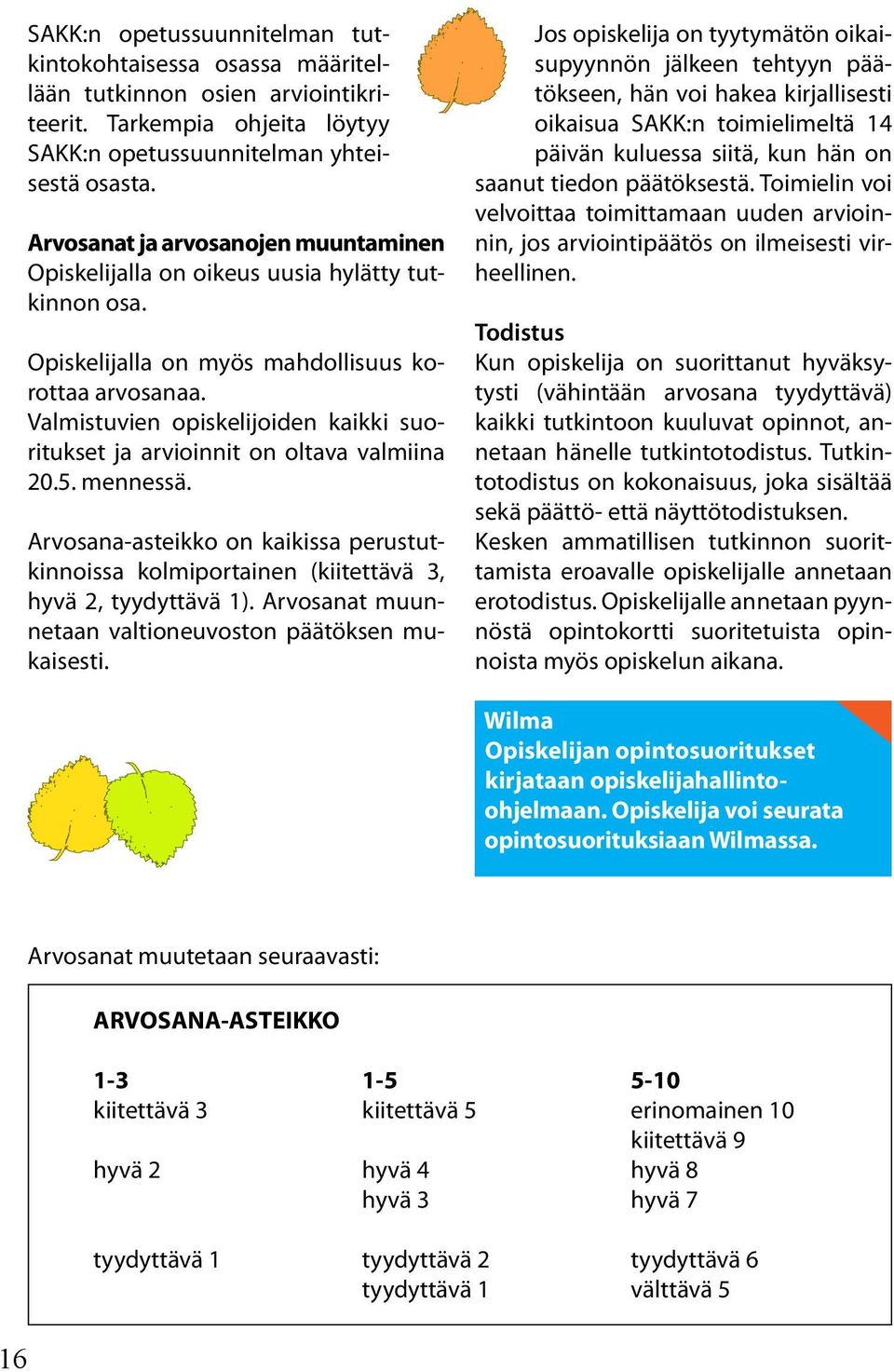 Valmistuvien opiskelijoiden kaikki suoritukset ja arvioinnit on oltava valmiina 20.5. mennessä. Arvosana-asteikko on kaikissa perustutkinnoissa kolmiportainen (kiitettävä 3, hyvä 2, tyydyttävä 1).