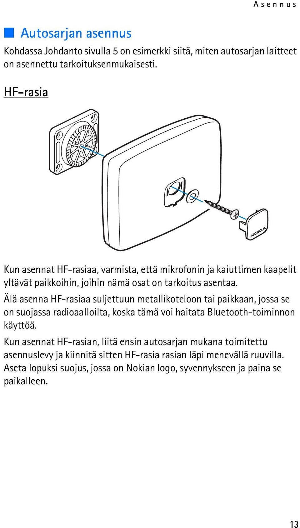 Älä asenna HF-rasiaa suljettuun metallikoteloon tai paikkaan, jossa se on suojassa radioaalloilta, koska tämä voi haitata Bluetooth-toiminnon käyttöä.