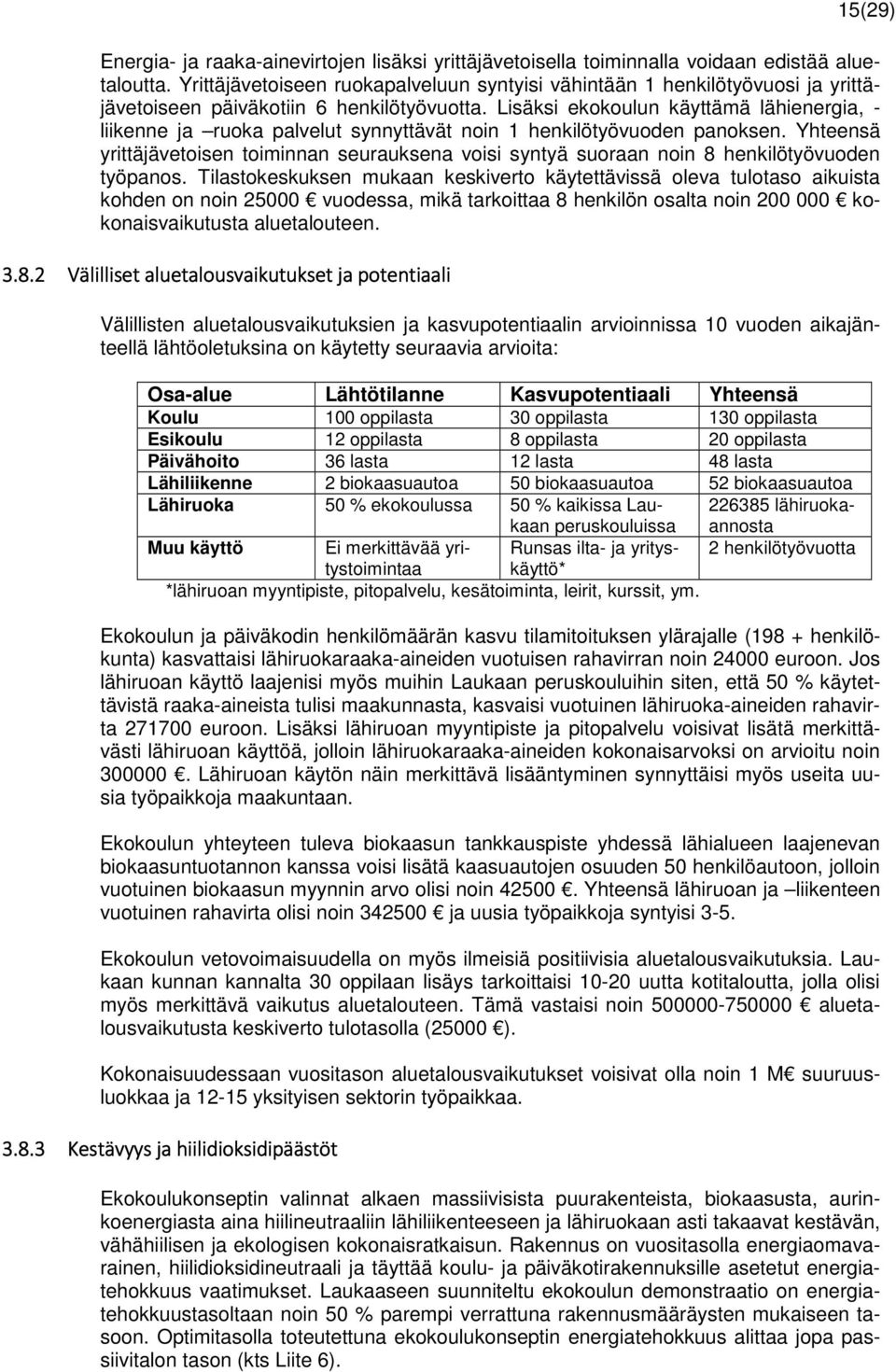 Lisäksi ekokoulun käyttämä lähienergia, - liikenne ja ruoka palvelut synnyttävät noin 1 henkilötyövuoden panoksen.