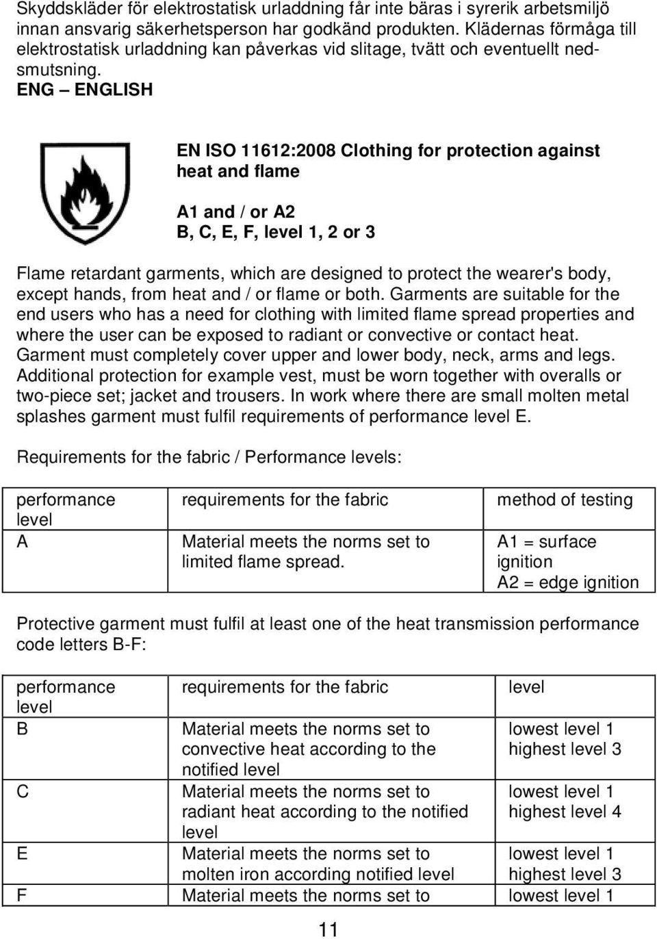ENG ENGLISH EN ISO 11612:2008 Clothing for protection against heat and flame A1 and / or A2 B, C, E, F, level 1, 2 or 3 Flame retardant garments, which are designed to protect the wearer's body,