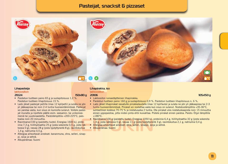 Voitele pasteijat munalla ja ripottele päälle esim. seesamin- tai unikonsiemeniä tai juustoraastetta. Paistolämpötila +200-225 C, paistoaika noin 20 minuuttia.