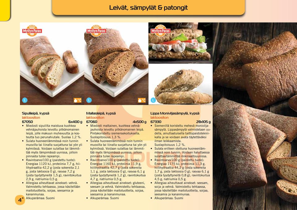 Energiaa 1120 kj, proteiinia 7,7 g, hiilihydraattia 42,2 g (josta sokereita 2,1 g, josta laktoosia 0 g), rasvaa 7,2 g (josta tyydyttyneitä 1,5 g), ravintokuitua 2,9 g, natriumia 0,5 g.
