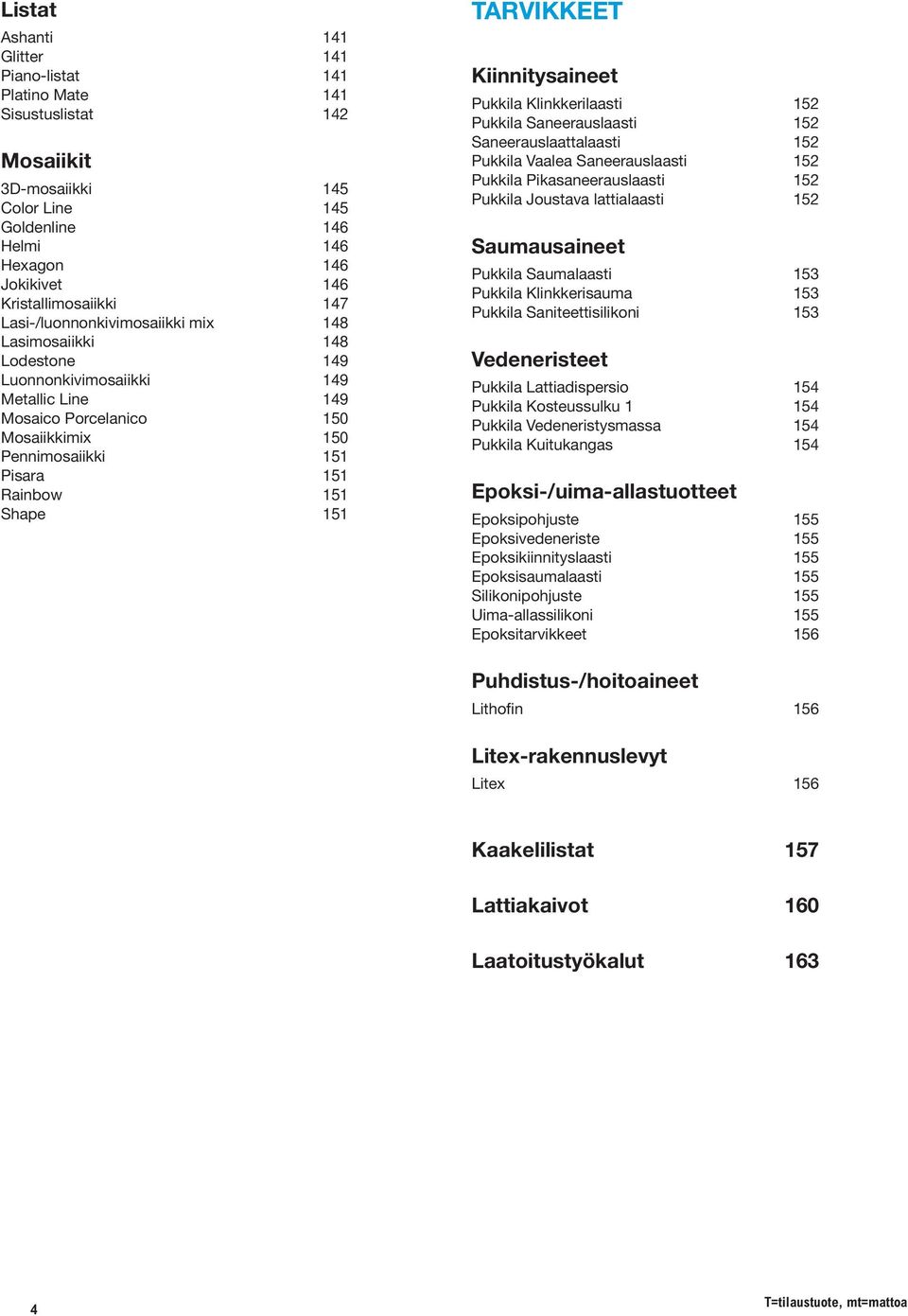 151 Tarvikkeet Kiinnitysaineet Pukkila Klinkkerilaasti 152 Pukkila Saneerauslaasti 152 Saneerauslaattalaasti 152 Pukkila Vaalea Saneerauslaasti 152 Pukkila Pikasaneerauslaasti 152 Pukkila Joustava