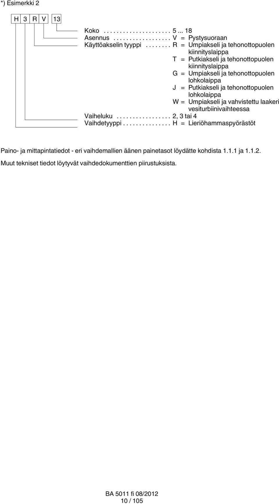 lohkolaippa J = Putkiakseli ja tehonottopuolen lohkolaippa W = Umpiakseli ja vahvistettu laakeri vesiturbiinivaihteessa Vaiheluku.