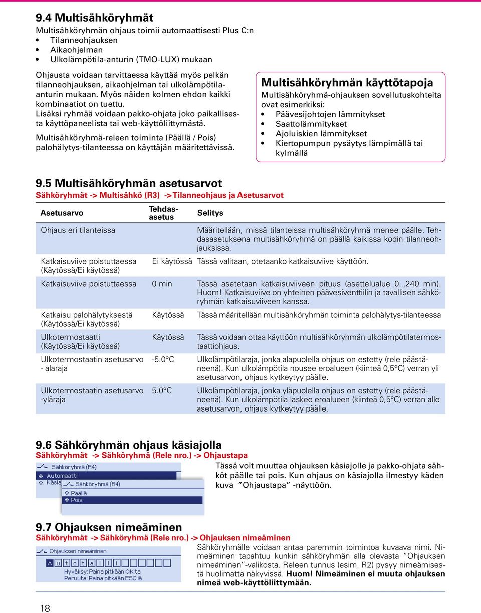 Lisäksi ryhmää voidaan pakko-ohjata joko paikallisesta käyttöpaneelista tai web-käyttöliittymästä. Multisähköryhmä-releen toiminta (Päällä / Pois) palohälytys-tilanteessa on käyttäjän määritettävissä.