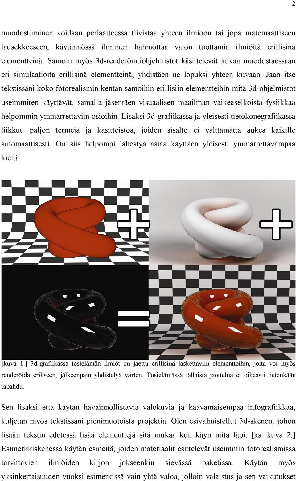 Jaan itse tekstissäni koko fotorealismin kentän samoihin erillisiin elementteihin mitä 3d ohjelmistot useimmiten käyttävät, samalla jäsentäen visuaalisen maailman vaikeaselkoista fysiikkaa helpommin