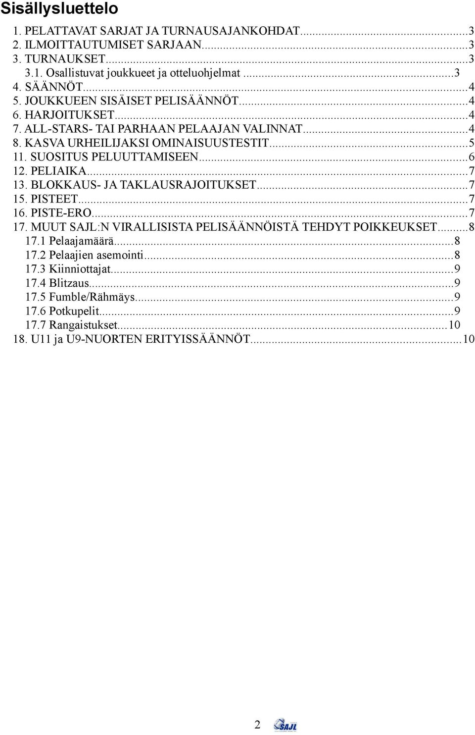 PELIAIKA...7 13. BLOKKAUS- JA TAKLAUSRAJOITUKSET...7 15. PISTEET...7 16. PISTE-ERO...7 17. MUUT SAJL:N VIRALLISISTA PELISÄÄNNÖISTÄ TEHDYT POIKKEUKSET...8 17.1 Pelaajamäärä...8 17.2 Pelaajien asemointi.