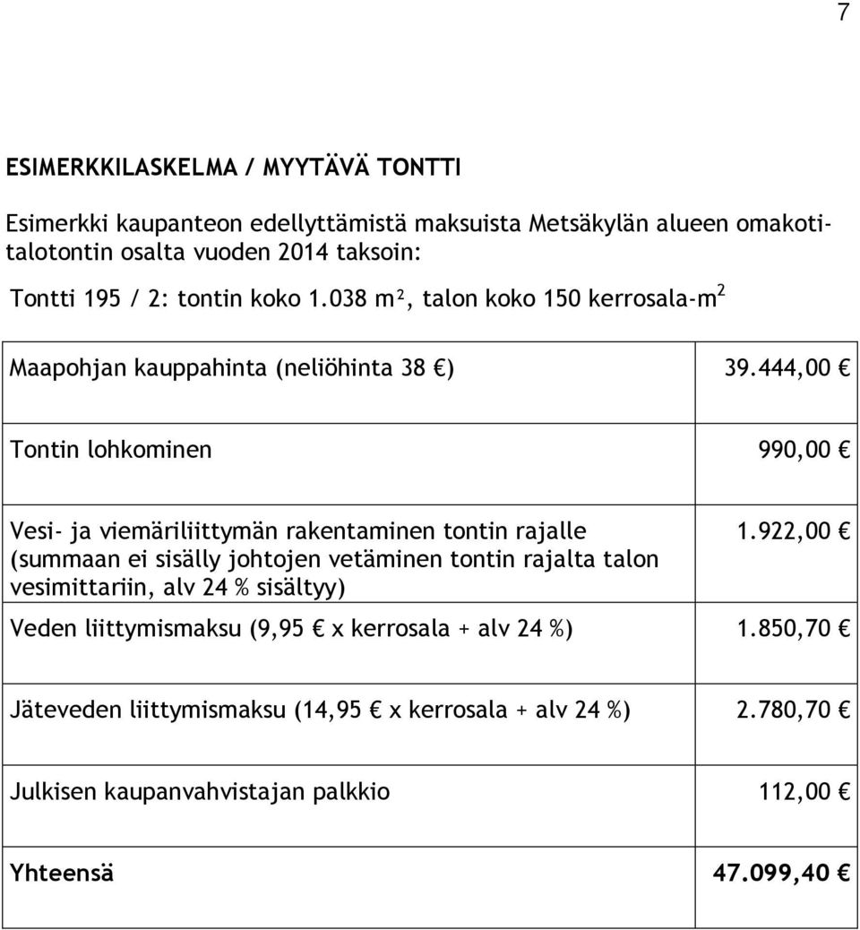 444,00 Tontin lohkominen 990,00 Vesi- ja viemäriliittymän rakentaminen tontin rajalle (summaan ei sisälly johtojen vetäminen tontin rajalta talon