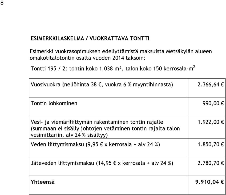 366,64 Tontin lohkominen 990,00 Vesi- ja viemäriliittymän rakentaminen tontin rajalle (summaan ei sisälly johtojen vetäminen tontin rajalta talon