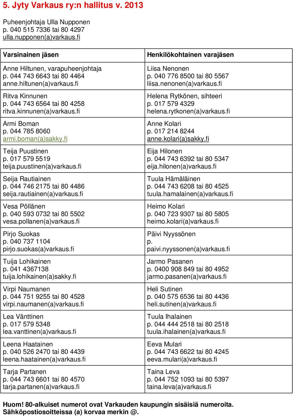 017 579 5519 teija.puustinen(a)varkaus.fi Seija Rautiainen p. 044 746 2175 tai 80 4486 seija.rautiainen(a)varkaus.fi Vesa Pöllänen p. 040 593 0732 tai 80 5502 vesa.pollanen(a)varkaus.