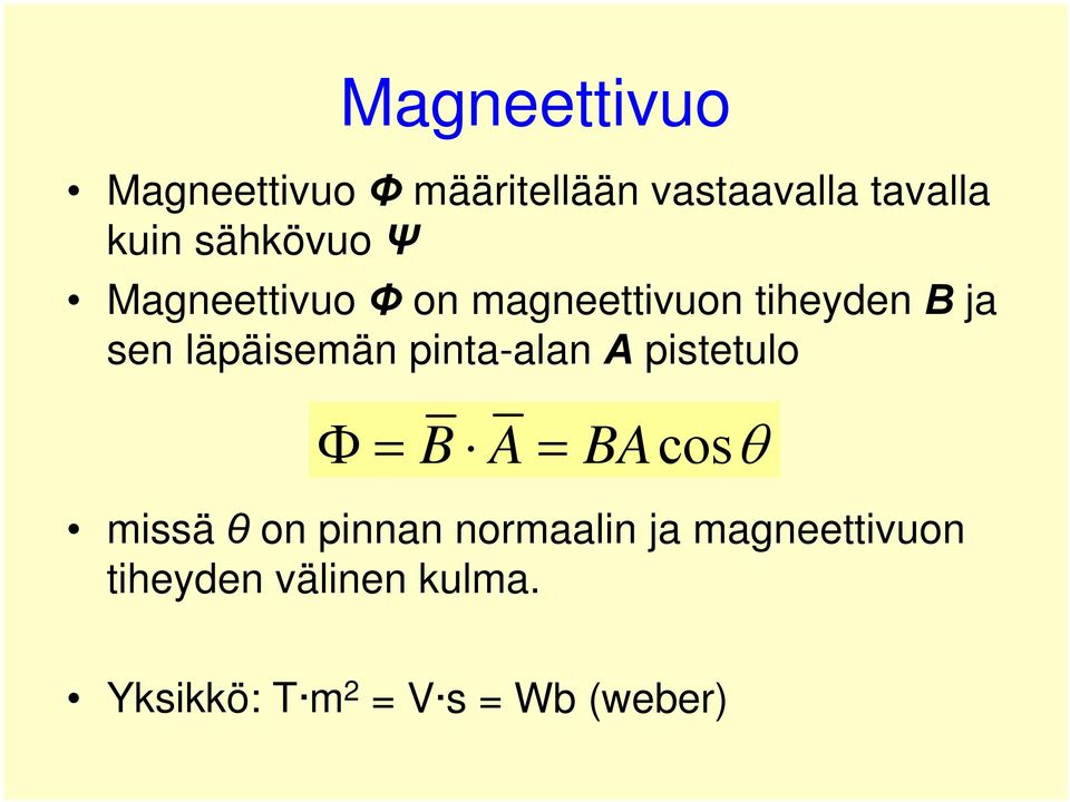 läpäisemän pinta-alan A pistetulo Φ= B A= BAcosθ missä θ on pinnan