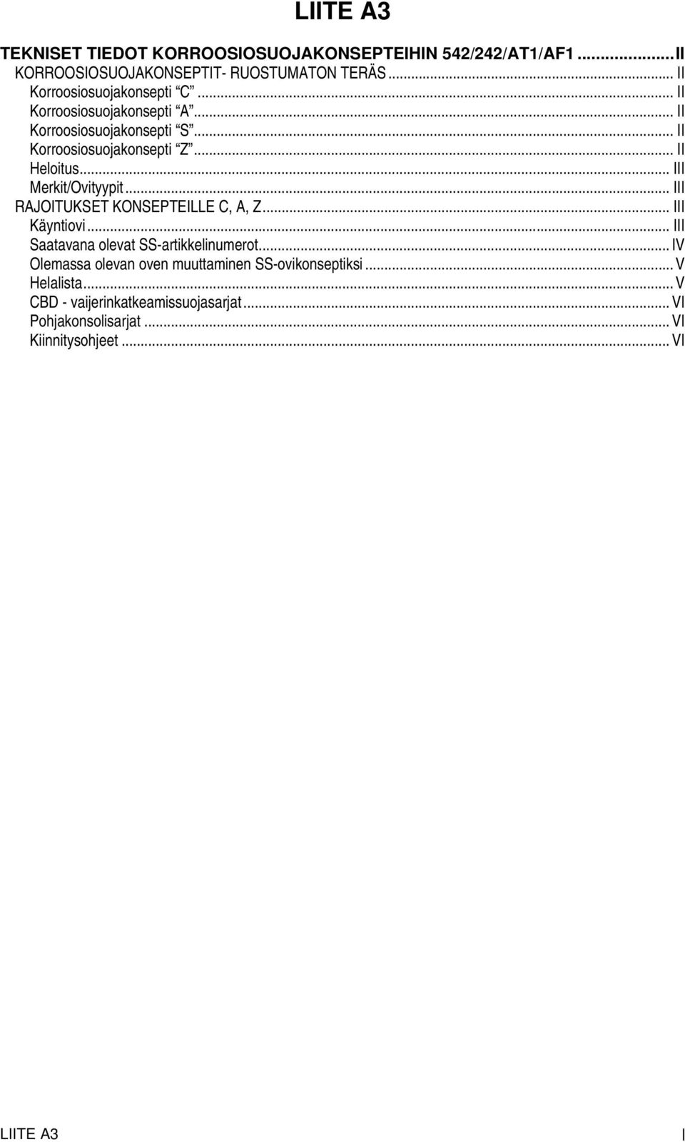 .. II Heloitus... III Merkit/Ovityypit... III RAJOITUKSET KONSEPTEILLE C, A, Z... III Käyntiovi.