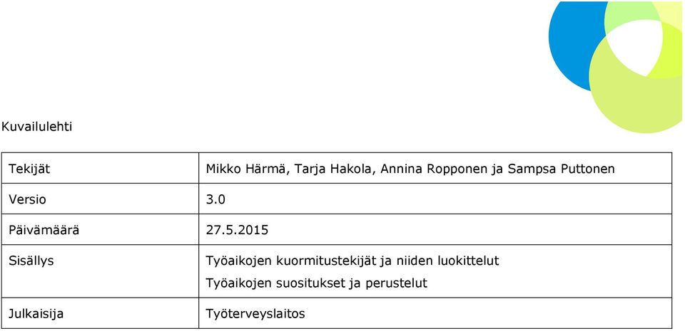 2015 Sisällys Julkaisija Työaikojen kuormitustekijät ja