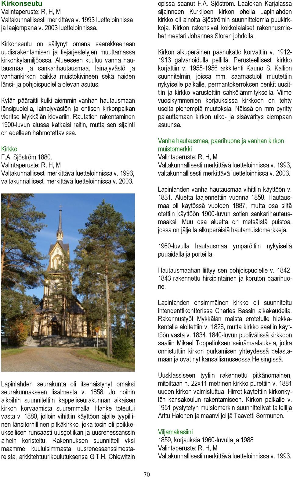 Alueeseen kuuluu vanha hautausmaa ja sankarihautausmaa, lainajyvästö ja vanhankirkon paikka muistokivineen sekä näiden länsi- ja pohjoispuolella olevan asutus.