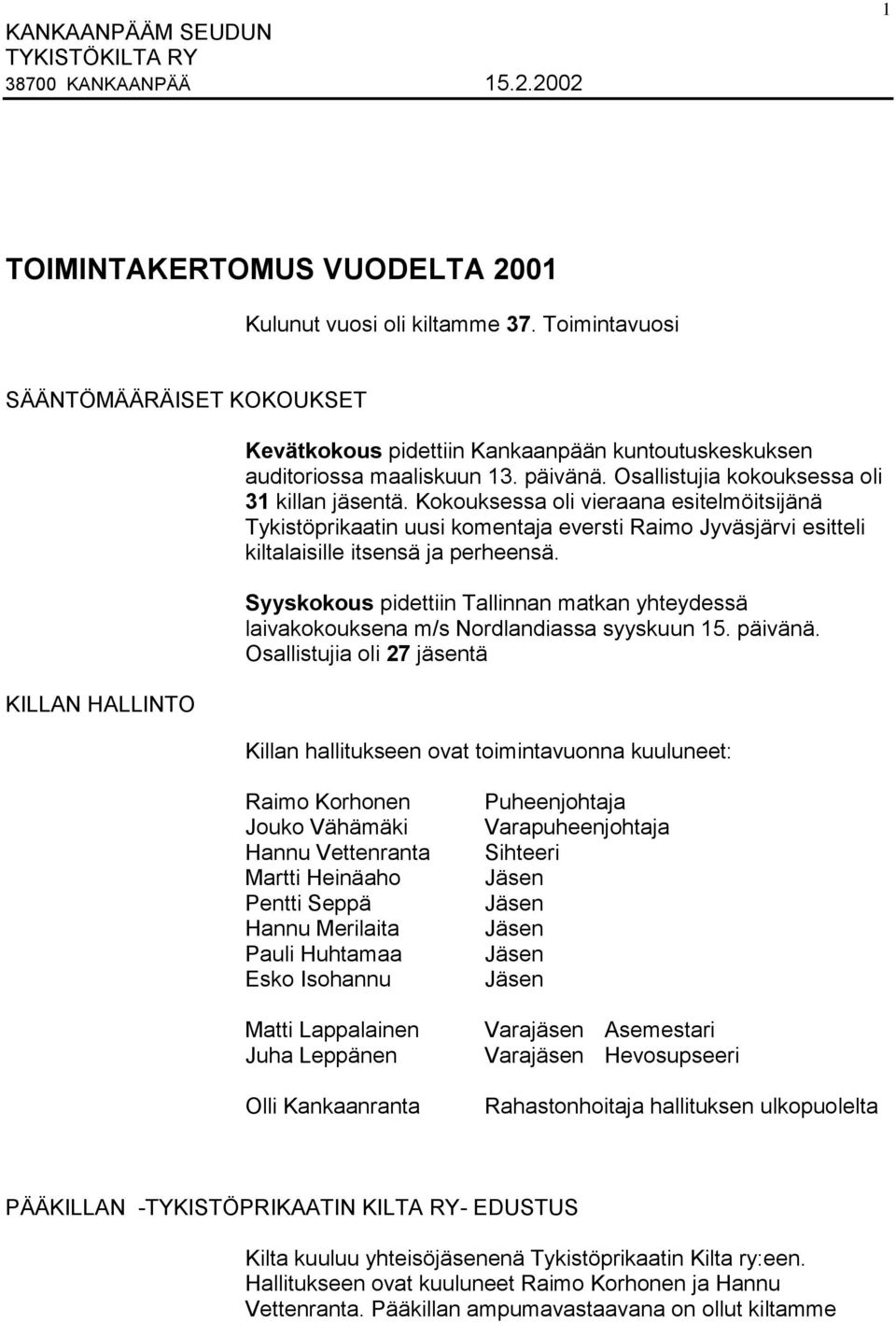 Kokouksessa oli vieraana esitelmöitsijänä Tykistöprikaatin uusi komentaja eversti Raimo Jyväsjärvi esitteli kiltalaisille itsensä ja perheensä.