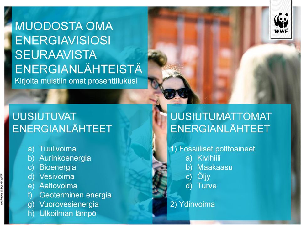 Bioenergia d) Vesivoima e) Aaltovoima f) Geoterminen energia g) Vuorovesienergia h) Ulkoilman lämpö