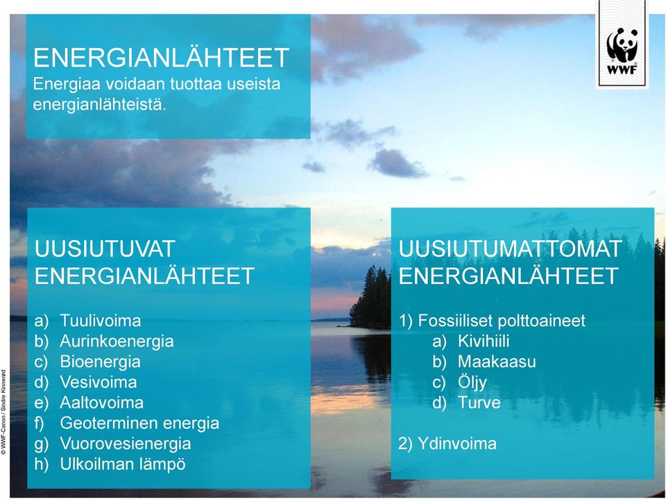 UUSIUTUVAT ENERGIANLÄHTEET a) Tuulivoima b) Aurinkoenergia c) Bioenergia d) Vesivoima e)