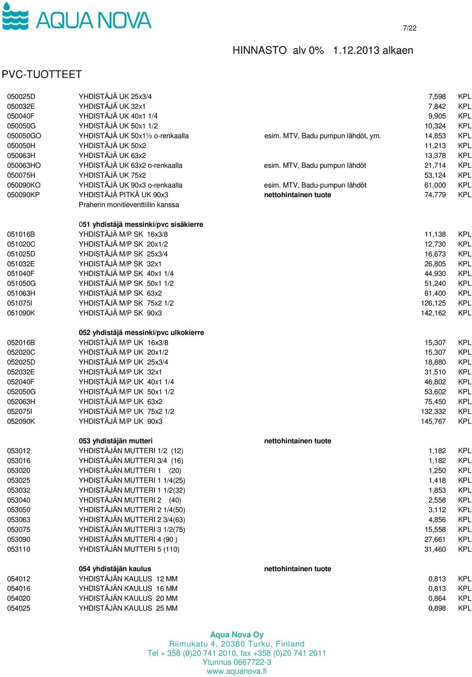 MTV, Badu pumpun lähdöt 21,714 KPL 050075H YHDISTÄJÄ UK 75x2 53,124 KPL 050090KO YHDISTÄJÄ UK 90x3 o-renkaalla esim.