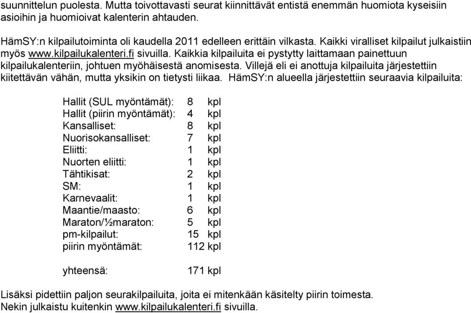 Kaikkia kilpailuita ei pystytty laittamaan painettuun kilpailukalenteriin, johtuen myöhäisestä anomisesta.