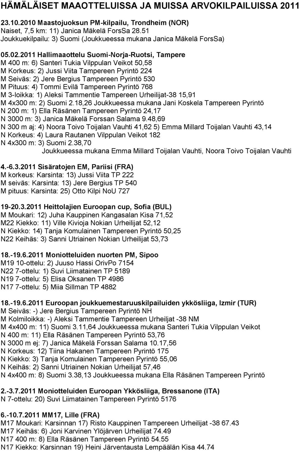 2011 Hallimaaottelu Suomi-Norja-Ruotsi, Tampere M 400 m: 6) Santeri Tukia Vilppulan Veikot 50,58 M Korkeus: 2) Jussi Viita Tampereen Pyrintö 224 M Seiväs: 2) Jere Bergius Tampereen Pyrintö 530 M