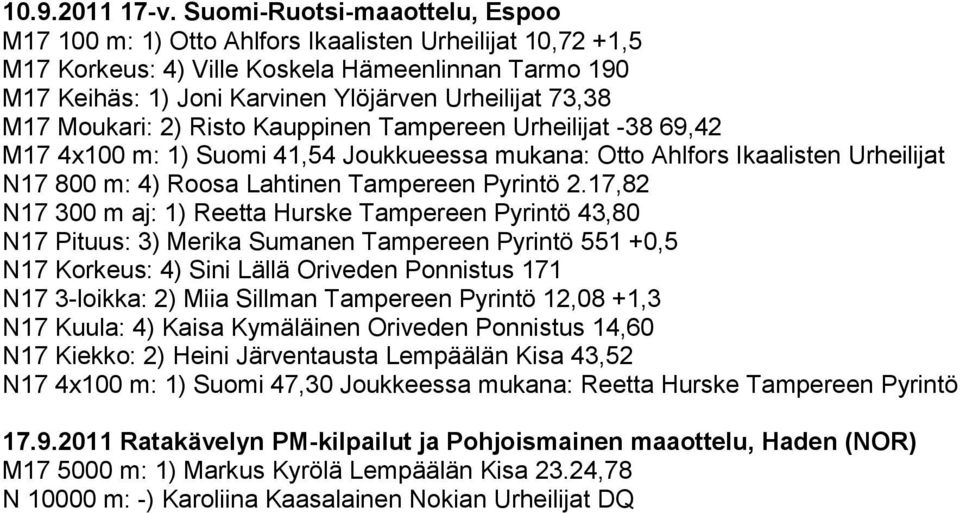 M17 Moukari: 2) Risto Kauppinen Tampereen Urheilijat -38 69,42 M17 4x100 m: 1) Suomi 41,54 Joukkueessa mukana: Otto Ahlfors Ikaalisten Urheilijat N17 800 m: 4) Roosa Lahtinen Tampereen Pyrintö 2.